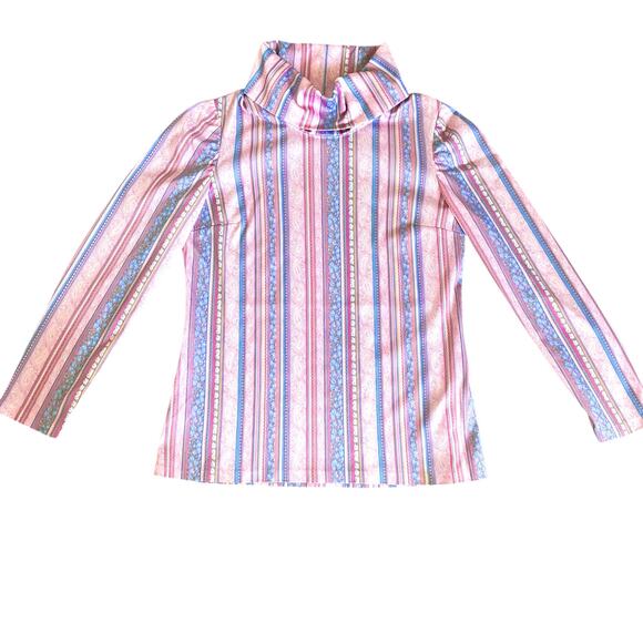 VNTG 70s Handmade Turtle Neck Top Sz S/M Pink Floral Stripe Indie Funky - Picture 10 of 10